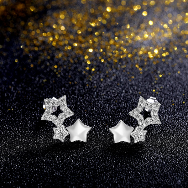 Presentski Star Climber Earrings S925 Sterling Silver Triple Star Ear Climber Hypoallergenic CZ Stud Crawler Earrings for Women Teen Girls, Gift boxed