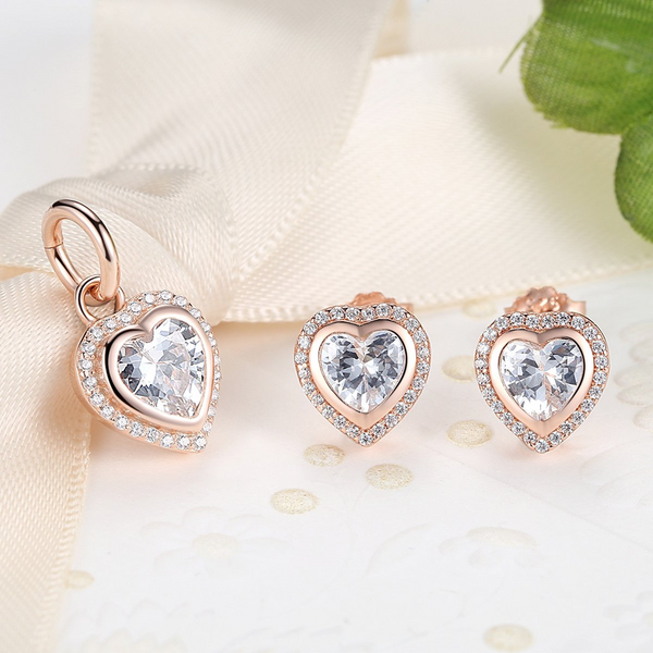 Presentski Heart Stud Earrings 925 Sterling Silver Rose Plated with Cubic Zirconia Birthday Gift for Women