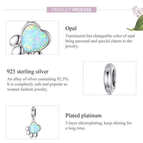 Presentski Pet Paw Print Charms - Cute Footprint Bead Heart-shaped Opal Pendant 925 Sterling Silver Platinum Plated for Bracelet Necklace Gift for Women Girls