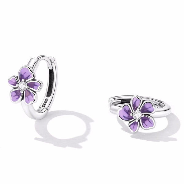 Presentski Flower Huggie Hoop Earrings for Women 925 Sterling Silver Purple Flower Small Hoop Earrings Hypoallergenic Sleeper Earrings for Daughter Girls Teen