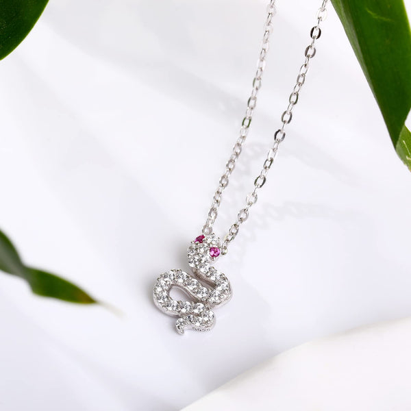 Presentski Silver White Snake Necklace Fashion Red Eye White Zircon Snake Snake Pendant Necklace Suitable for Young Fashion Ladies