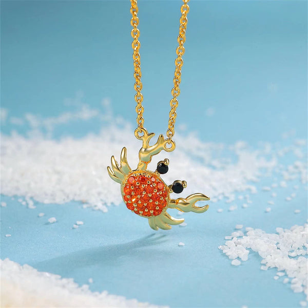 Presentski Sparkling Crab Pendant Necklace 925 Sterling Silver Summer Sea Beach Ocean Inspired Vintage 18K Gold Plated 18”/45cm Adjustable Chain Dainty Jewelry Gift for Women Girls