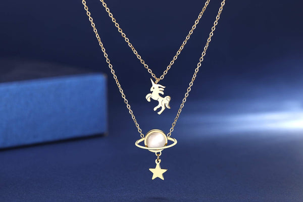 Presentski Unicorn Planet Star Gold Plated Necklace 18K Trendy Layered Adjustable for Women and Girls