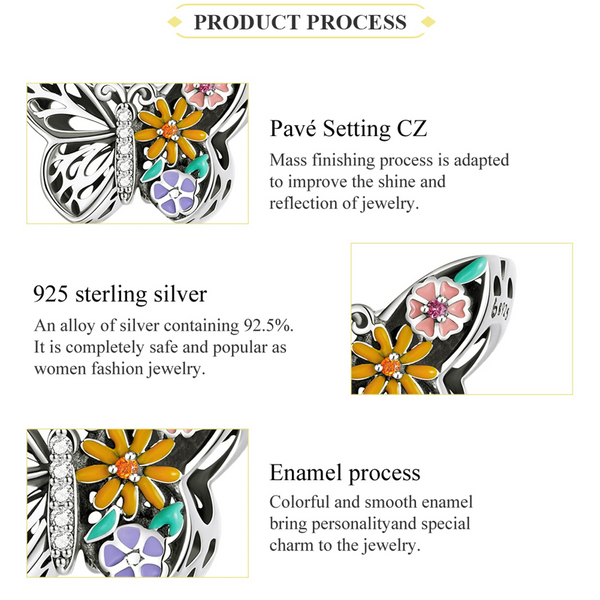 Presentski Colorful Butterfly Flowers Charm Bead 925 Sterling Silver Garland Sparkling Hollow Insect Element Charm Pendant for Bracelet Necklace Dainty Jewelry Gift for Women Girls