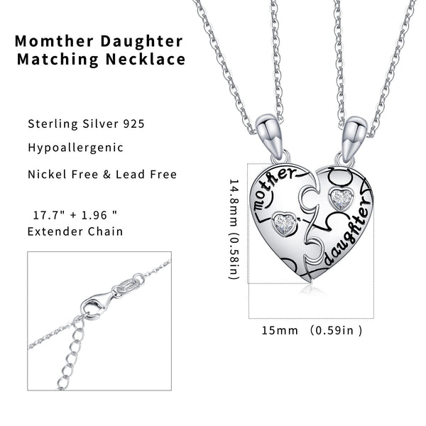 Mother Daughter Heart Matching Puzzle Necklace - Presentski Sterling Silver Mom Daughter Heart Matching Necklace Set for 2 Mom Gifts Daughter Gifts for Christmas Mother's Day