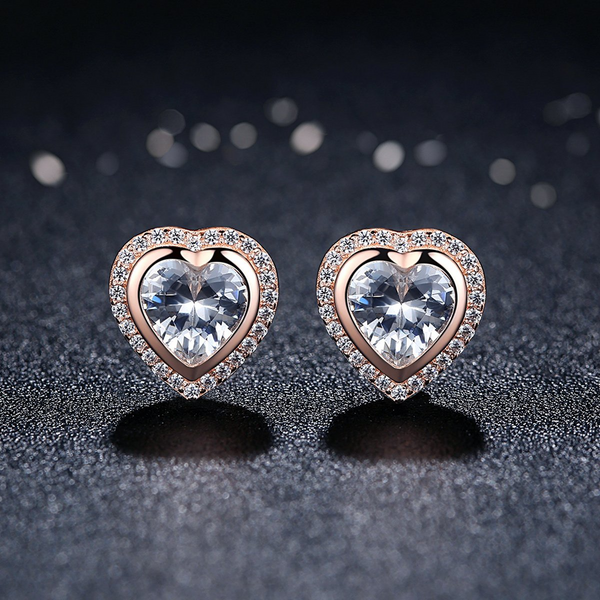 Presentski Heart Stud Earrings 925 Sterling Silver Rose Plated with Cubic Zirconia Birthday Gift for Women