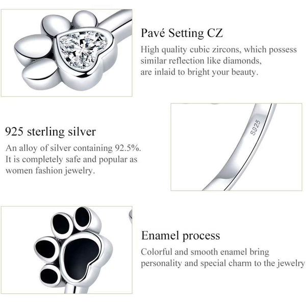 Presentski Pet Footprint Open Ring Silver 925 Sterling Silver Adjustable Zircon Ring A Gift for Mom and Wife