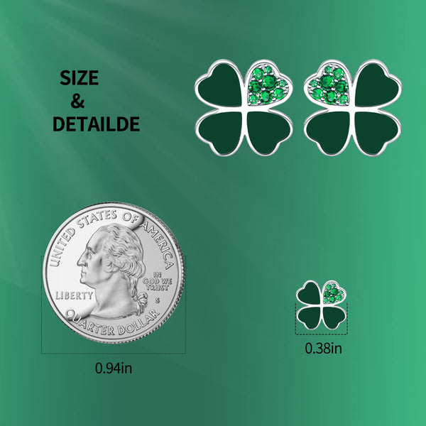 Presentski Four Leaf Clover Stud Earrings 925 Sterling Silver Heart Lucky Shining Green Leaves Ear Studs St. Patrick's Day Floral Jewelry Gift for Women Girls