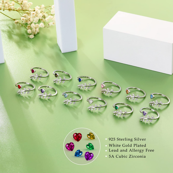 Presentski Sterling Silver Birthstone Rings Adjustable - Grow Through What You Go Through Leaf Ring Wrap Around Olive Leaves Rings Girls Women Birthday Gift with Card