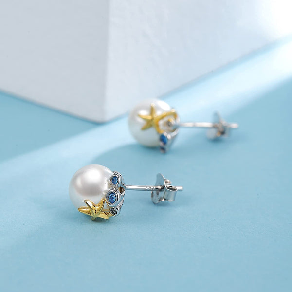 Presentski Pearl Starfish Earrings Sterling Silver White Freshwater Cultured Single Pearls Necklace Gold Starfish Stud Earrings Jewelry Gift for Women Girls