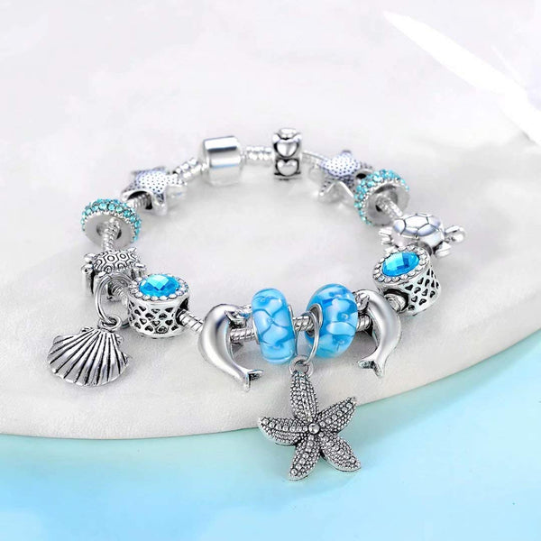 Presentski European Ocean Beach Charm Beaded Bracelets for Women with Seashell Turtle Starfish Dolphin Charms