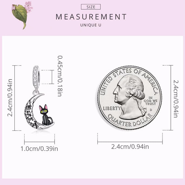 Presentski 925 Sterling Silver Moon Cat Dangle Charm for Bracelets and Necklaces Crescent Moon and Cat Pendants Charm Animal Jewelry Gifts for Women Girls Cat Lover