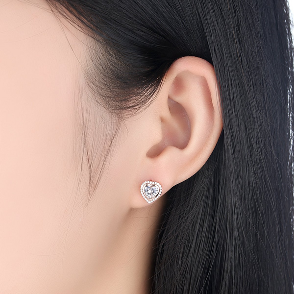 Presentski Heart Stud Earrings 925 Sterling Silver Rose Plated with Cubic Zirconia Birthday Gift for Women