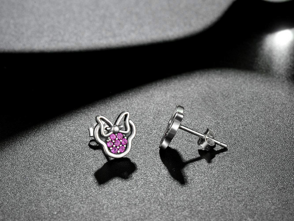 Presentski 925 Sterling Silver Mini Mouse Stud Earrings Fuchsia Cubic Zirconia