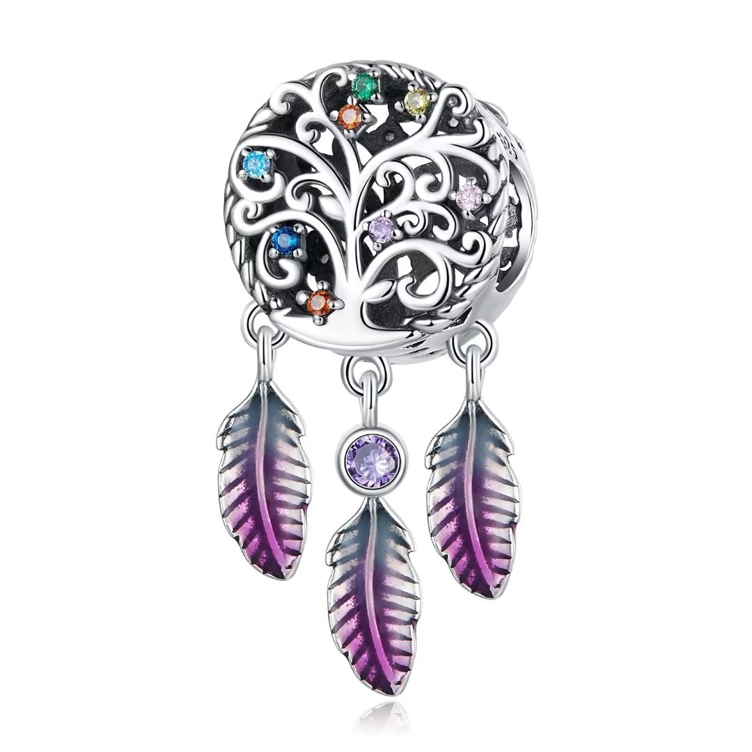 Presentski Tree of Life Charms Beads Fit Original Bracelet Bangle For Women Rainbow Feather Pendant DIY