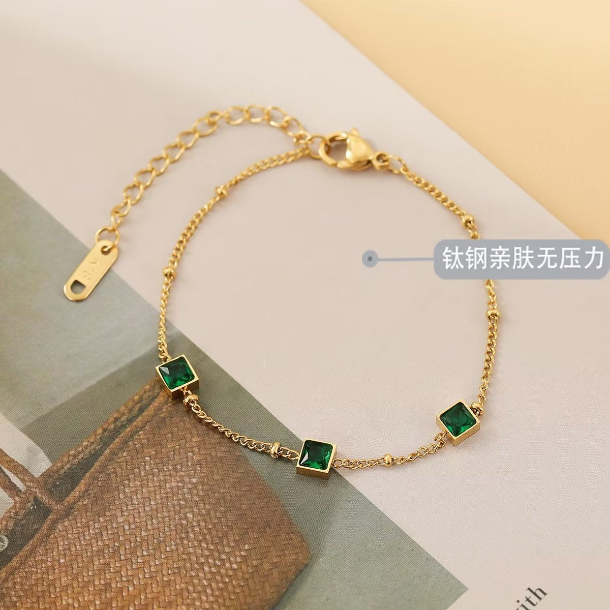 [TB041] Presentski Green Square Stone Adjustable Bracelet For Women