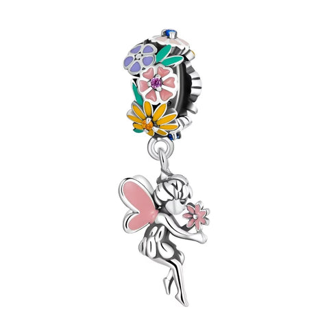 Presentski Silver Flower Fairy Pendant Colorful Peter Pan Fairy Tale S925 Charm Bead for Bracelet Girls DIY