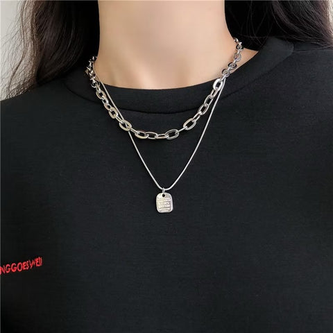 Presentski Double Layer Chain Square Hanging Tag Pendant Necklace TN025