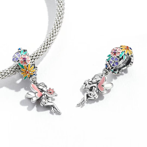 Presentski Silver Flower Fairy Pendant Colorful Peter Pan Fairy Tale S925 Charm Bead for Bracelet Girls DIY