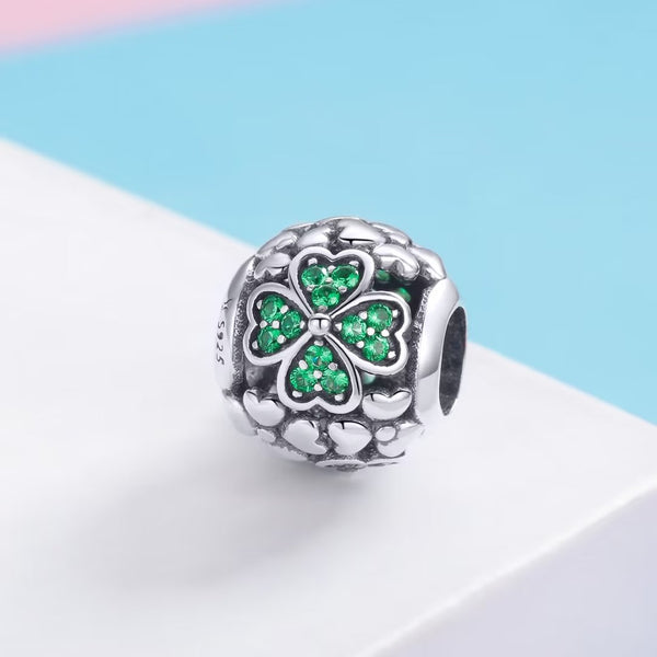 Presentski Silver Shamrock Flower Green CZ Beads Four-Leaf Clover Charm fit Bracelet Necklace DIY Making