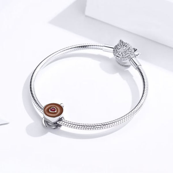 Presentski Coffee Cup Metal Silver Beads for Women European Charm Bracelet Enamel Fashion Charms