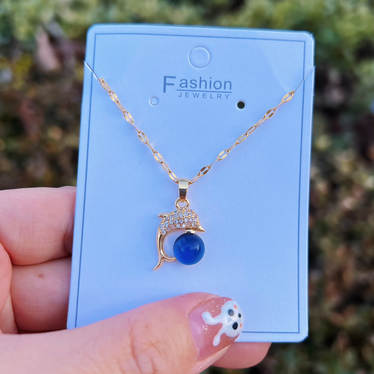 [TN105] Presentski Shiny Dolphin Blue Ball Pendant Necklace