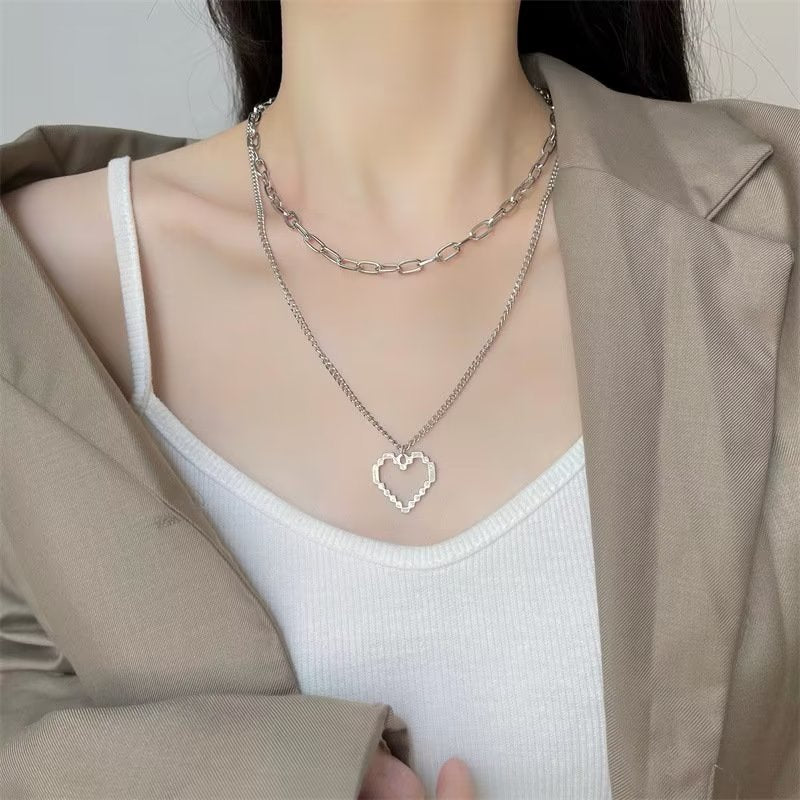 Presentski Double Layer Chain Heart Pendant Necklace TN017