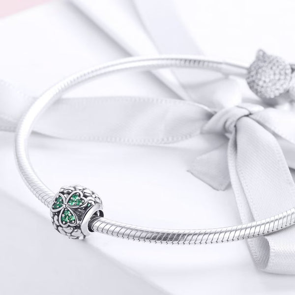 Presentski Silver Shamrock Flower Green CZ Beads Four-Leaf Clover Charm fit Bracelet Necklace DIY Making