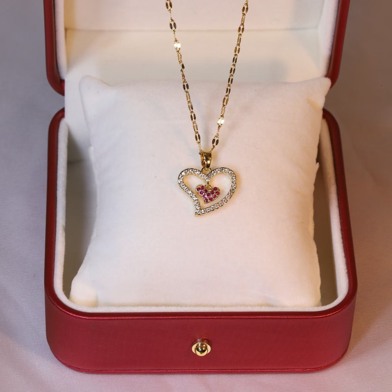 Presentski Shiny Pink Double Heart Pendant Necklace TN045