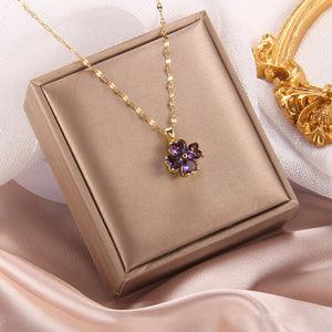 Presentski Rotating Sparkling Purple Heart-shaped Flower Pendant Spinner Necklace TSN022