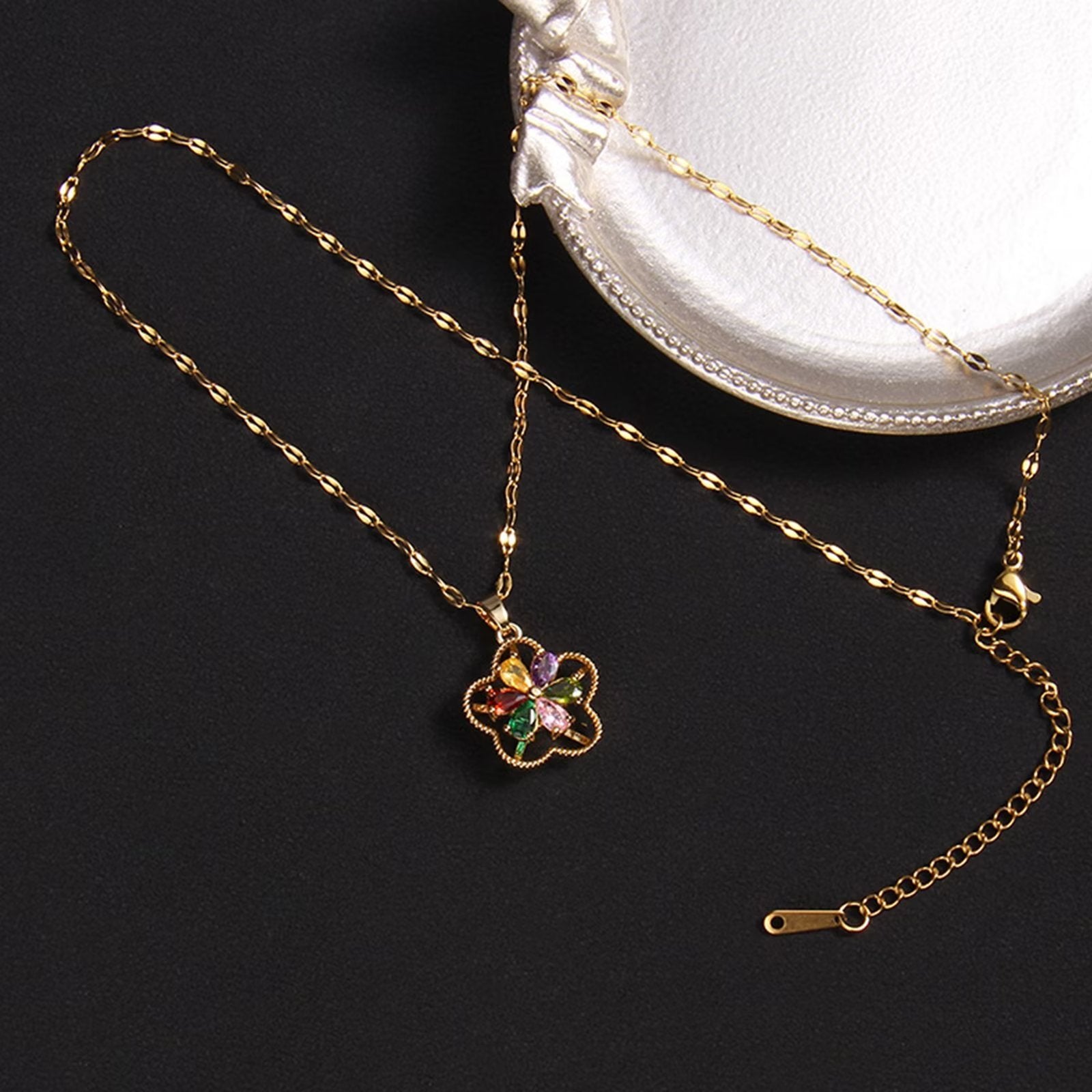 Presentski Rotating Sparkling Colorful Hollow Flower Pendant Necklace TSN027