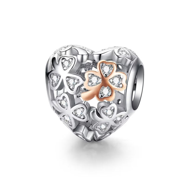 Presentski Lucky Clover Heart Shape Charm for Women Shamrock Bracelet Rose Color S925