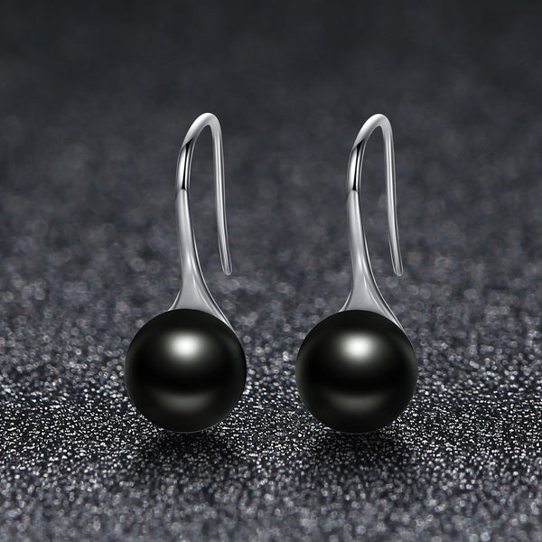 Presentski Black Pearl Dangle Earrings 925 Sterling Silver Classic Round Pearl Tear Drop Hook Earrings Jewelry Birthday Gifts for Women