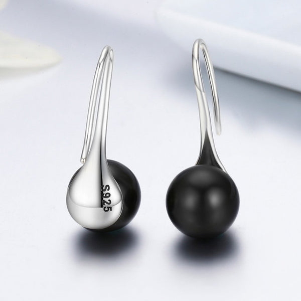 Presentski Black Pearl Dangle Earrings 925 Sterling Silver Classic Round Pearl Tear Drop Hook Earrings Jewelry Birthday Gifts for Women