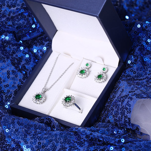 Presentski Green CZ Necklace Ring Earring Set T3S016