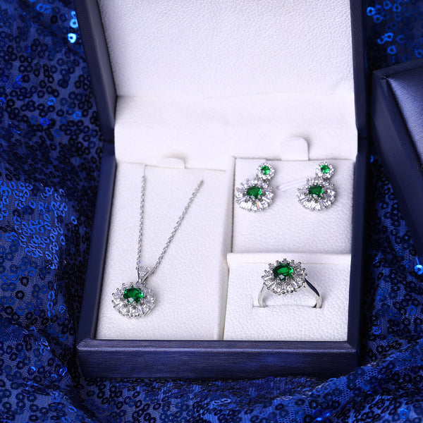 Presentski Green CZ Necklace Ring Earring Set T3S016